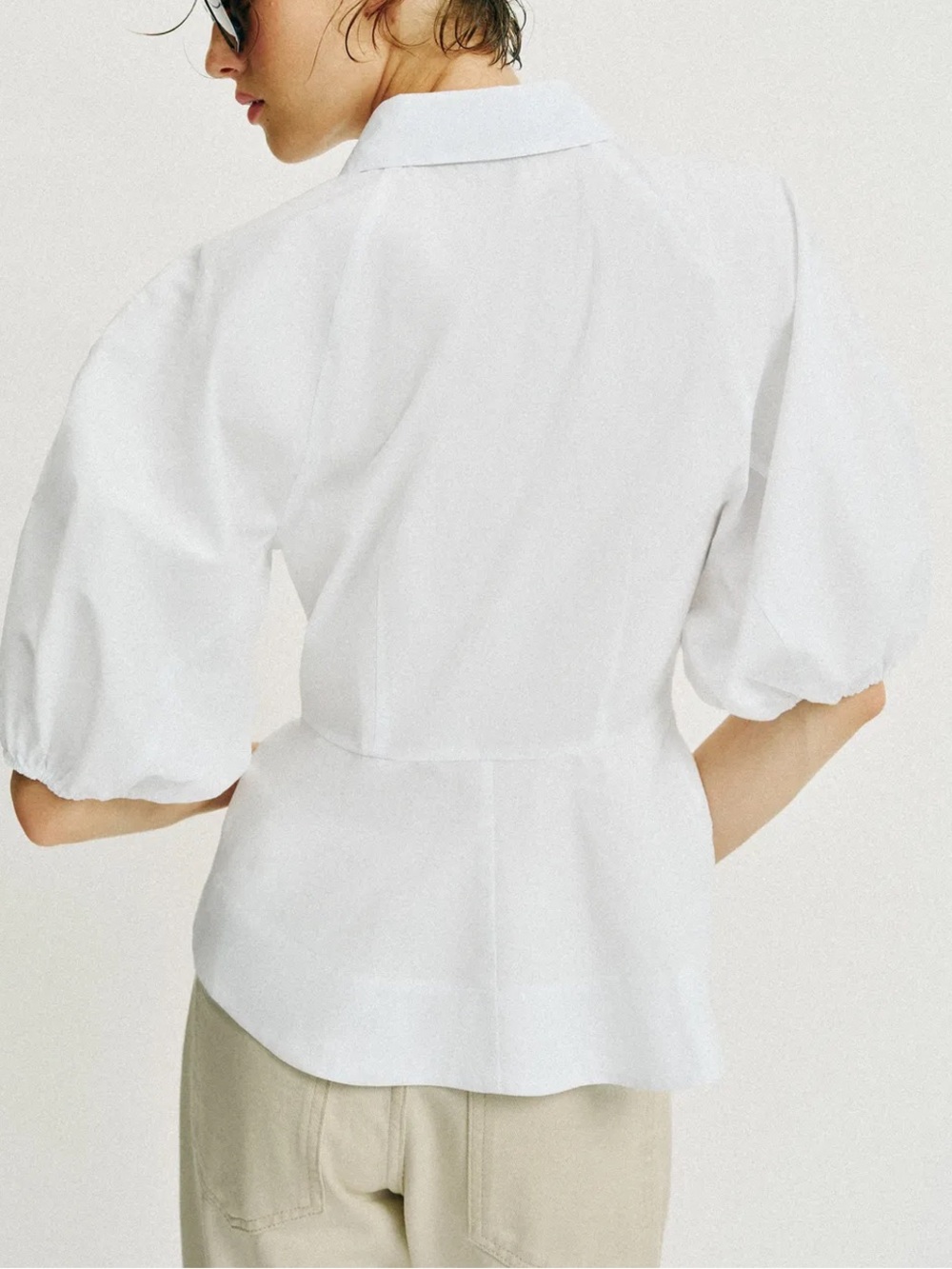 Zara NWT cotton white puff sleeve peplum button front shirt blouse top - Picture 10 of 13